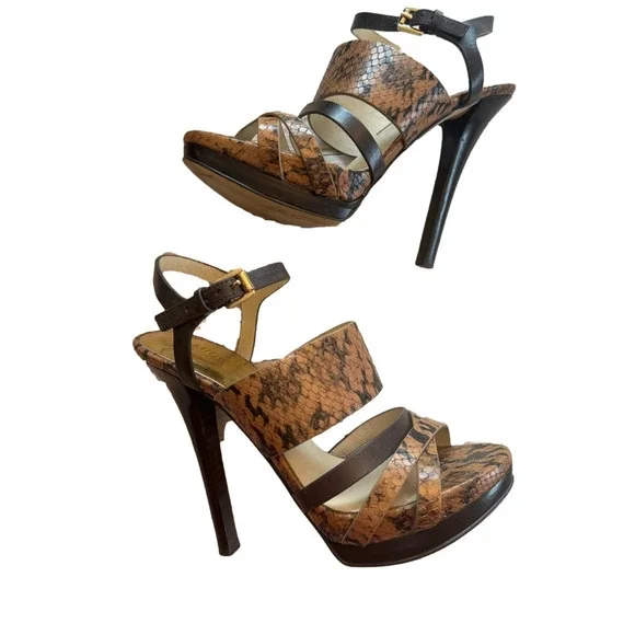 Michael Kors Nadja Platform Open Toe Heels Snakeskin Animal Print Embossed 6 - Picture 4 of 11